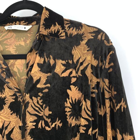 Zara Blouse Women's XS Tie Front Burnout Velvet Collared Black Tan Floral Print - Picture 3 of 6